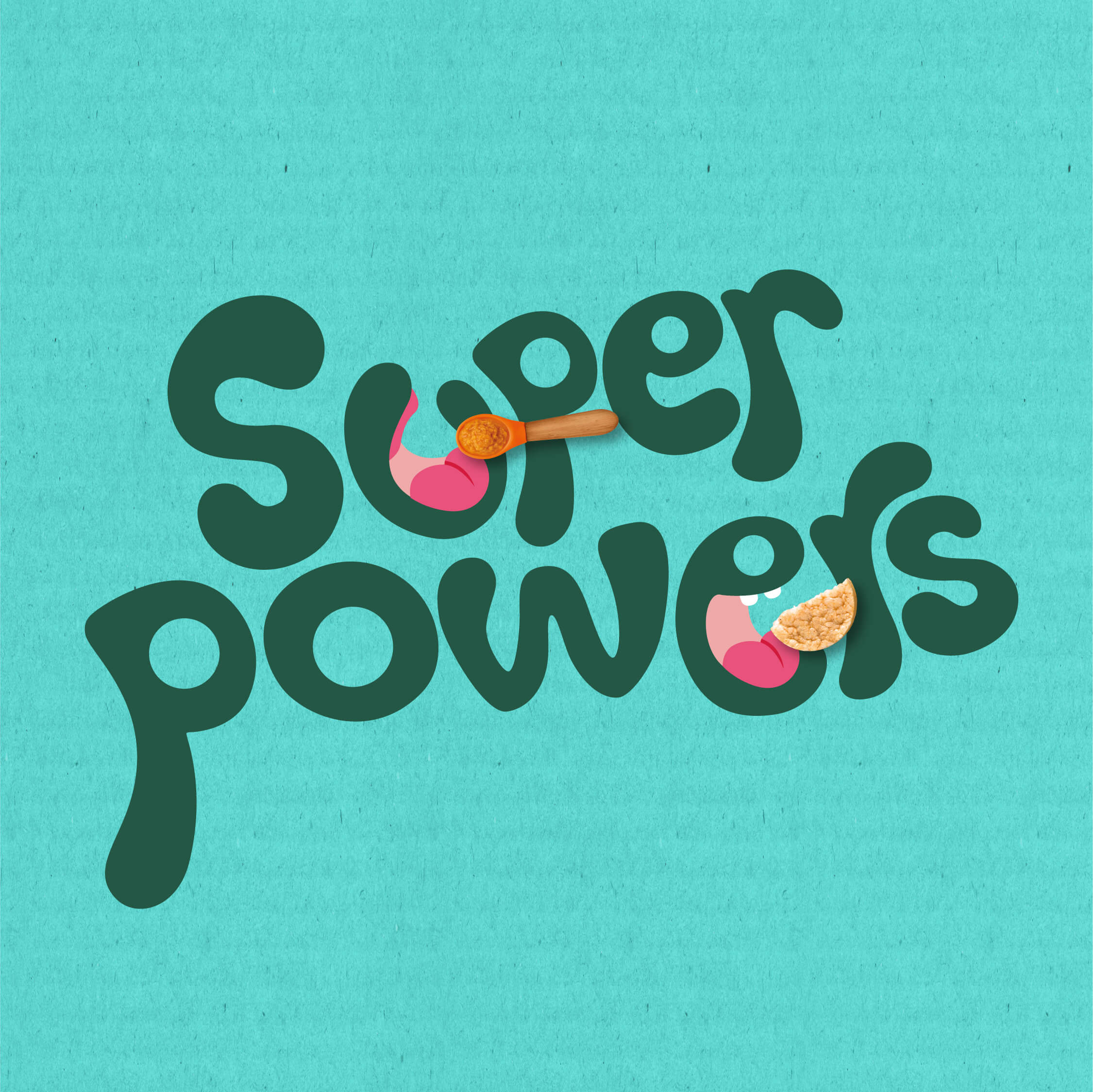 Organix green text that says &quot;super powers&quot; on a blue background