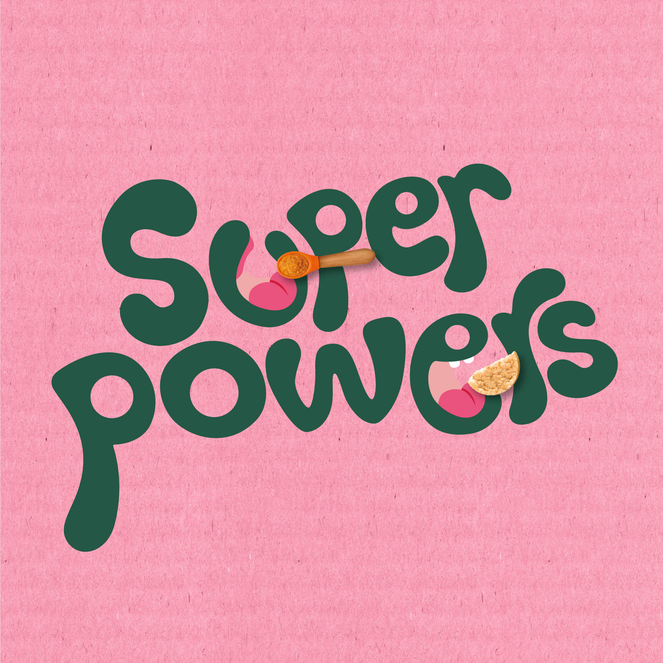 Organix green text that says &quot;super powers&quot; on a pink background