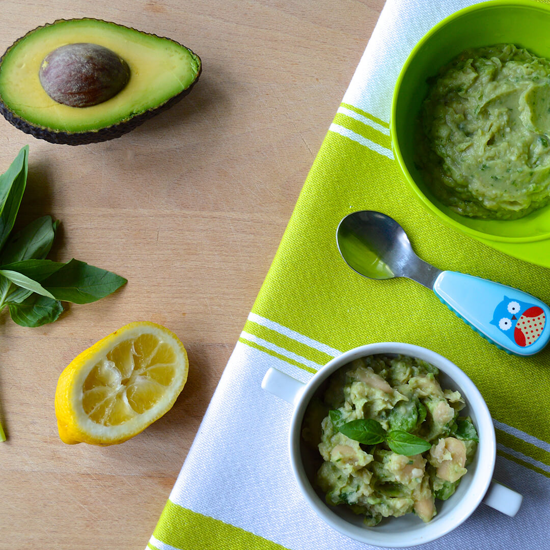 Avocado & Butter Bean Mash for Baby, half an avocado, have a lemon and some basil leaves