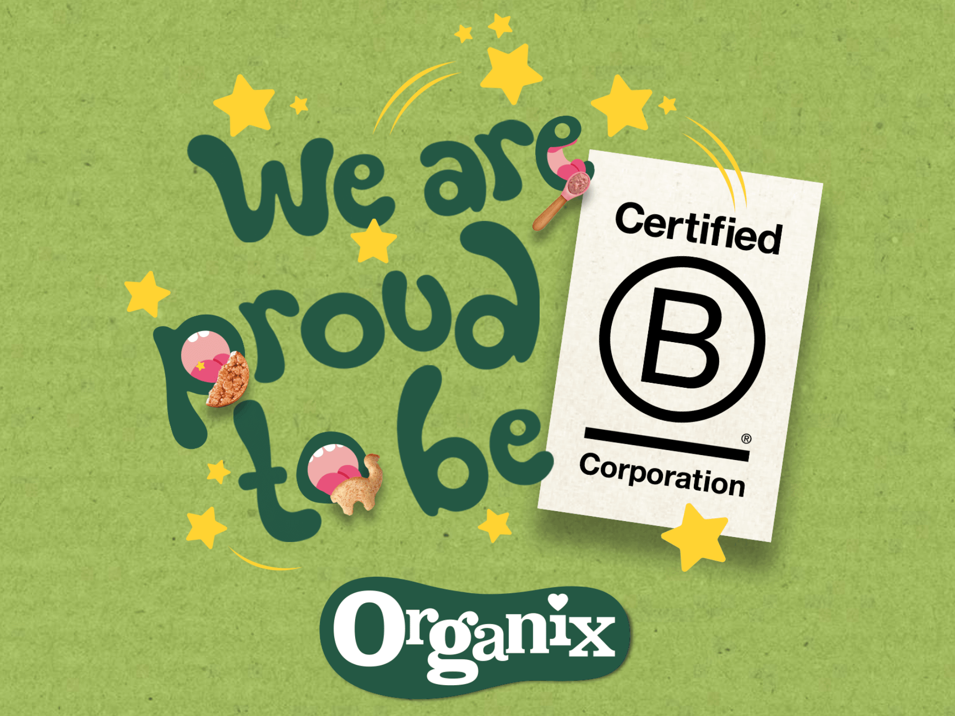 Certified B Corporation logo, Organix logo, and stars