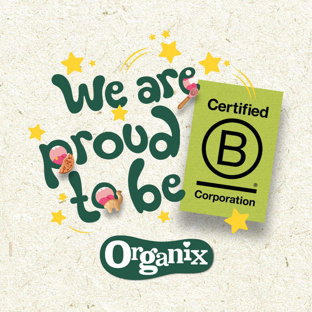 We are proud to be  B Corp Certified. With B Corp logo and yellow stars on a beige background and Organix logo