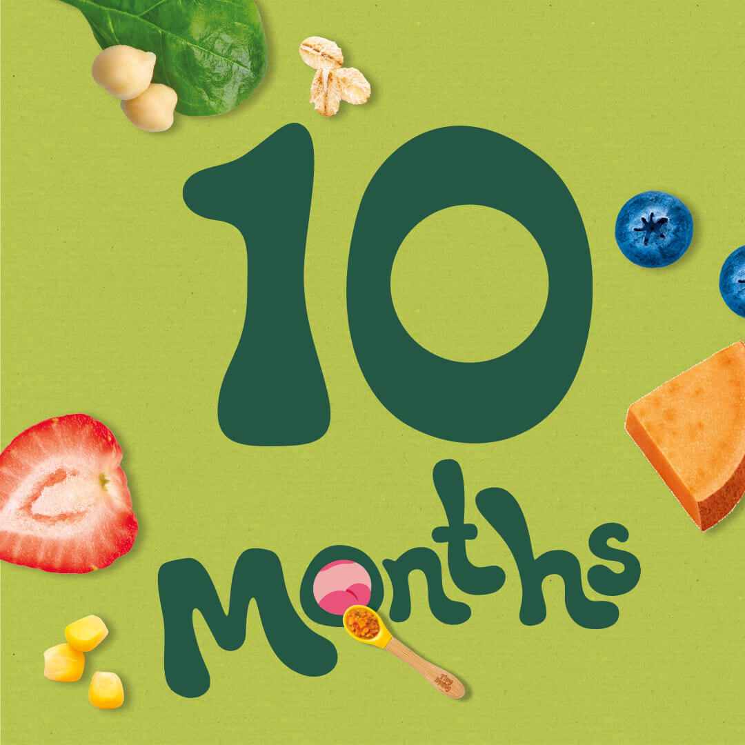 An illustration that says "10 months" with some illustrations of food around it