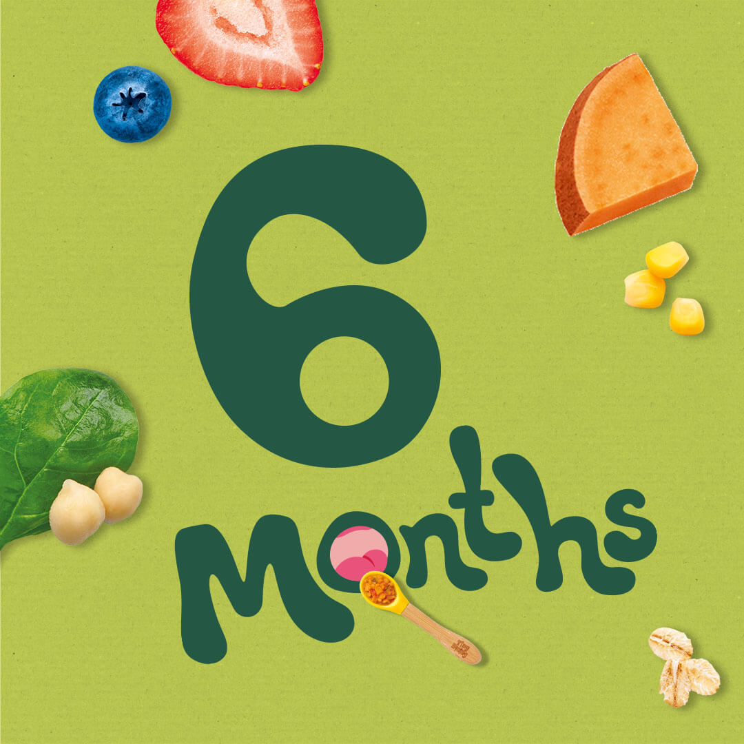 An illustration that says "6 months" with some illustrations of food around it
