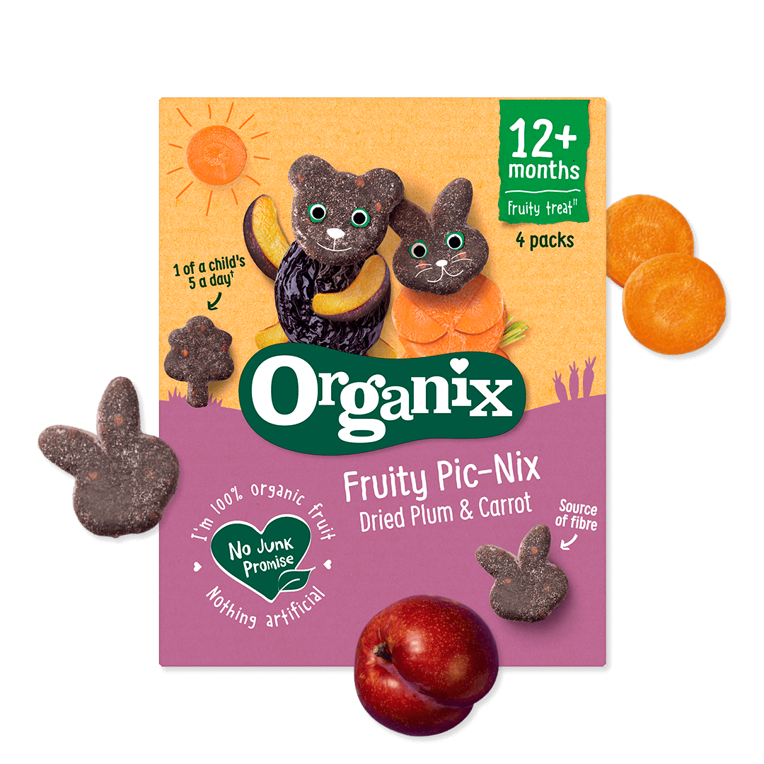 A pack of Organix Fruity Pic-Nix snacks in Dried Plum & Carrot flavour