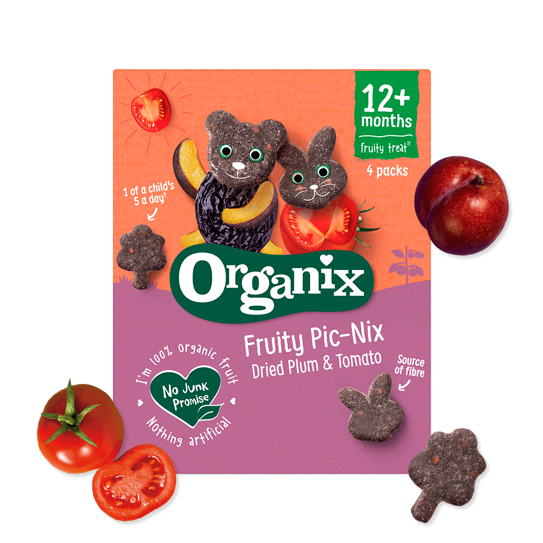A pack of Organix Fruity Pic-Nix snacks in Dried Plum & Tomato flavour