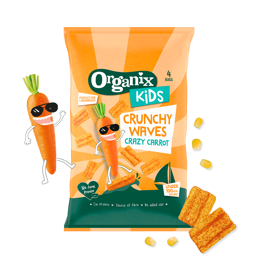 A pack of Organix Kids Crunchy Waves in Crazy Carrot flavour