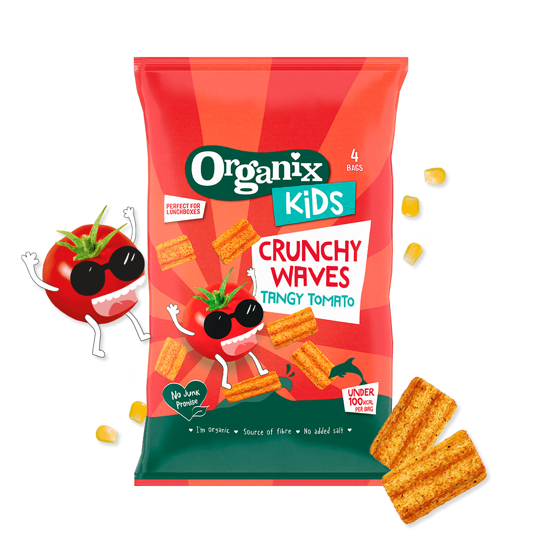 A pack of Organix Kids Crunchy Waves in Tangy Tomato flavour