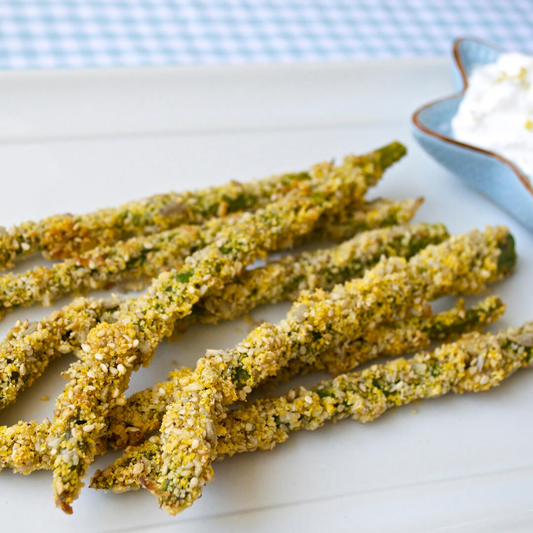 Asparagus dippers served with a lemon and yoghurt dip