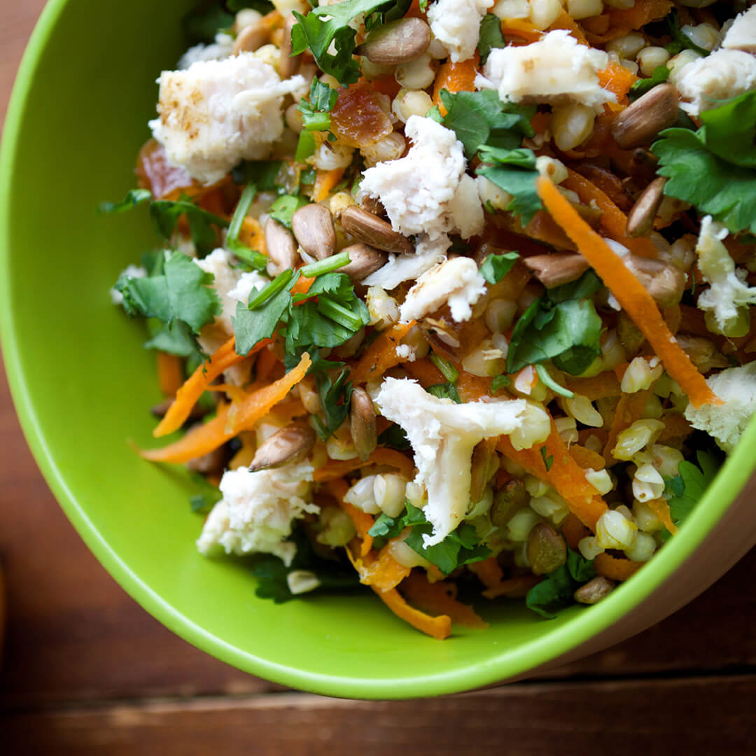A bowl of Chicken, Carrot, Date Salad