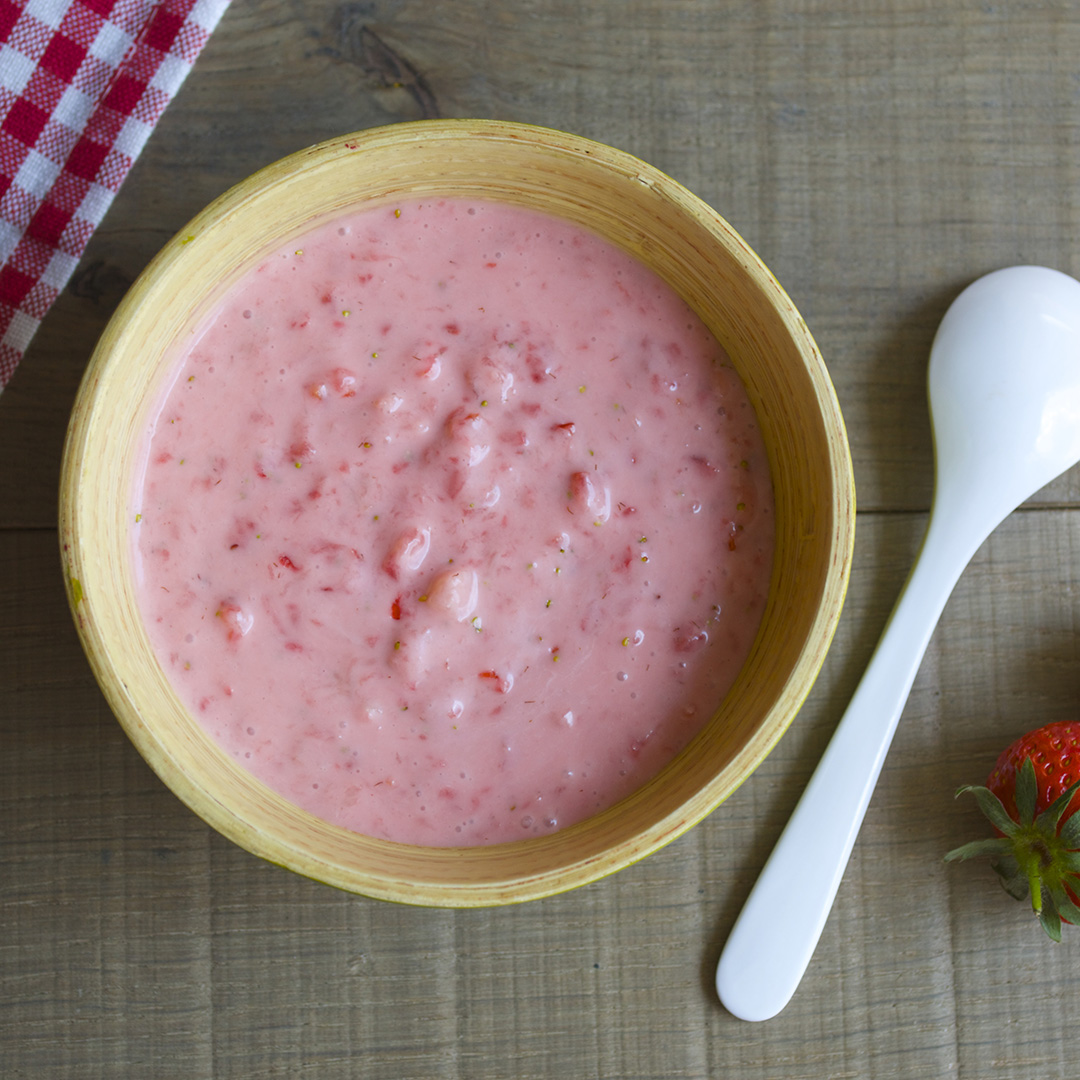 Strawberry & Greek yoghurt puree in a small bowl