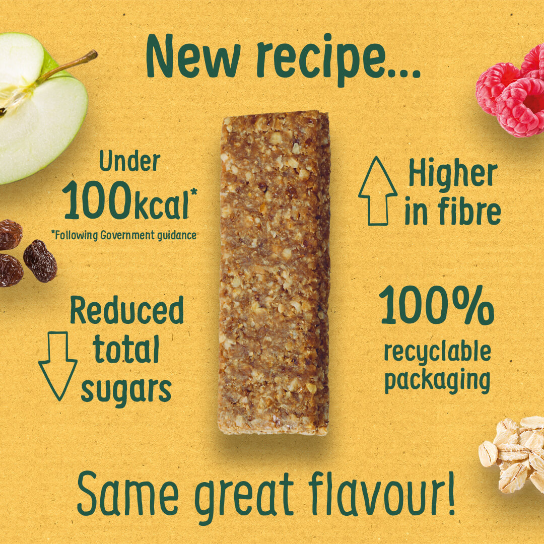 Organix soft oaty bar out of pack with new recipe improvements on labels around the bar