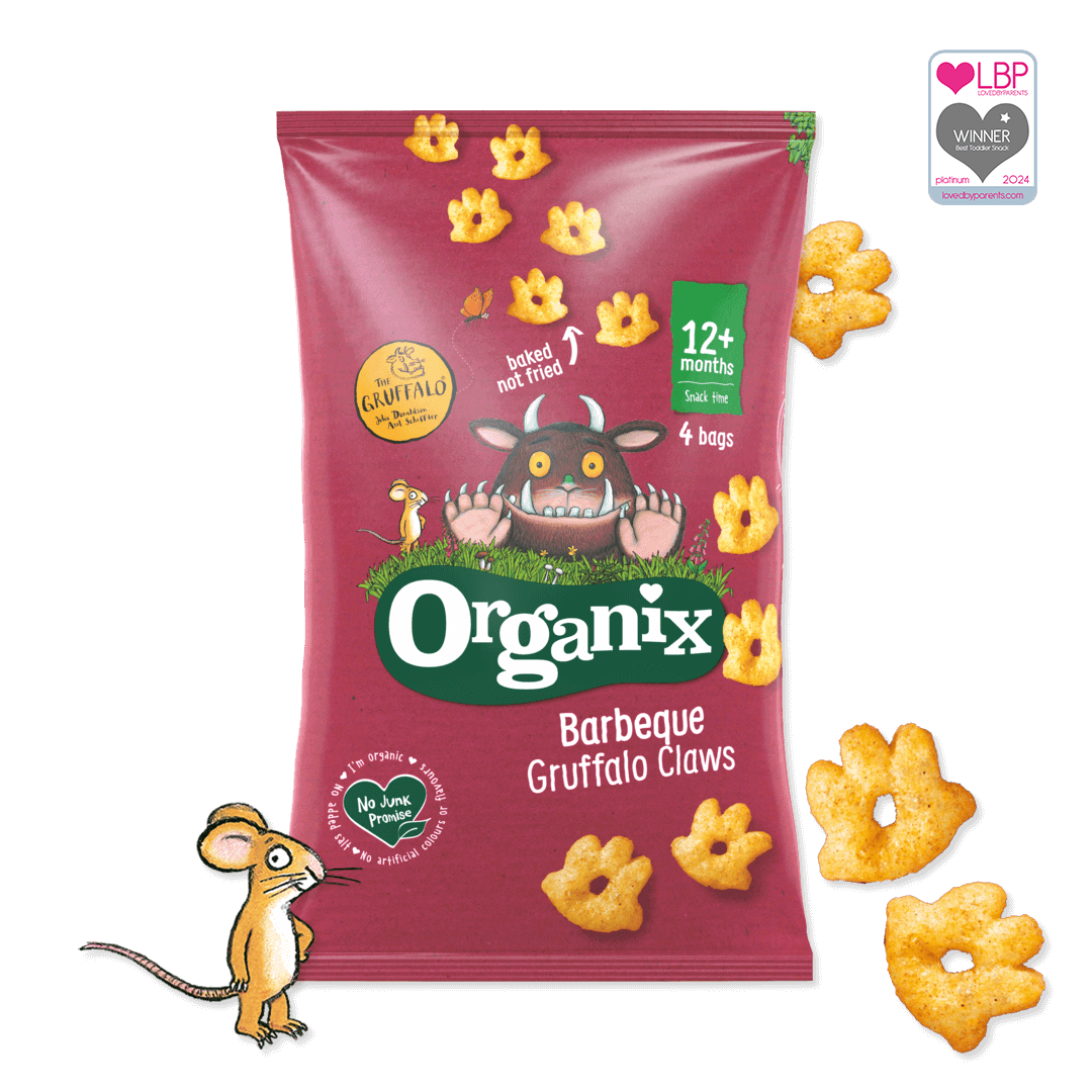 Pack of Organix Gruffalo Claws BBQ flavour with the mouse character next to it as well as the loved by parents award logo