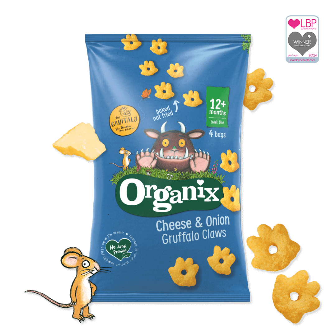 Pack of Organix Gruffalo Claws Cheese and Onion Flavour with Mouse character next to it and the Loved by Parents Award logo