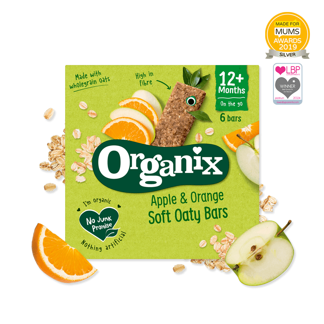Pack shot of Organix Apple and Orange Soft Oaty Bars with fruit and some oat scattered around and award logos