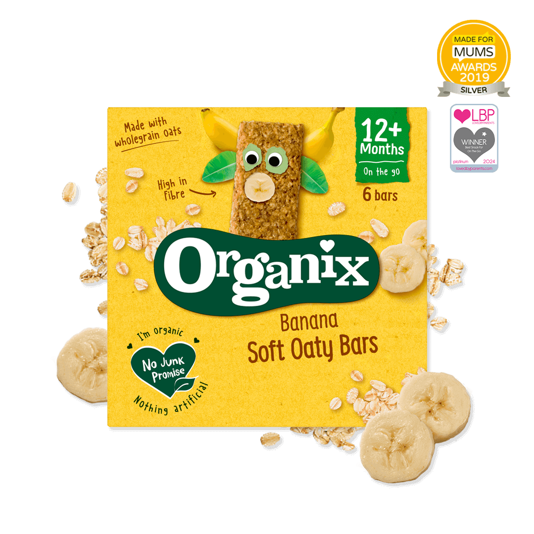 Pack shot of Organix Banana Soft Oaty Bars with banana slices and some oats scattered around and Awards logos