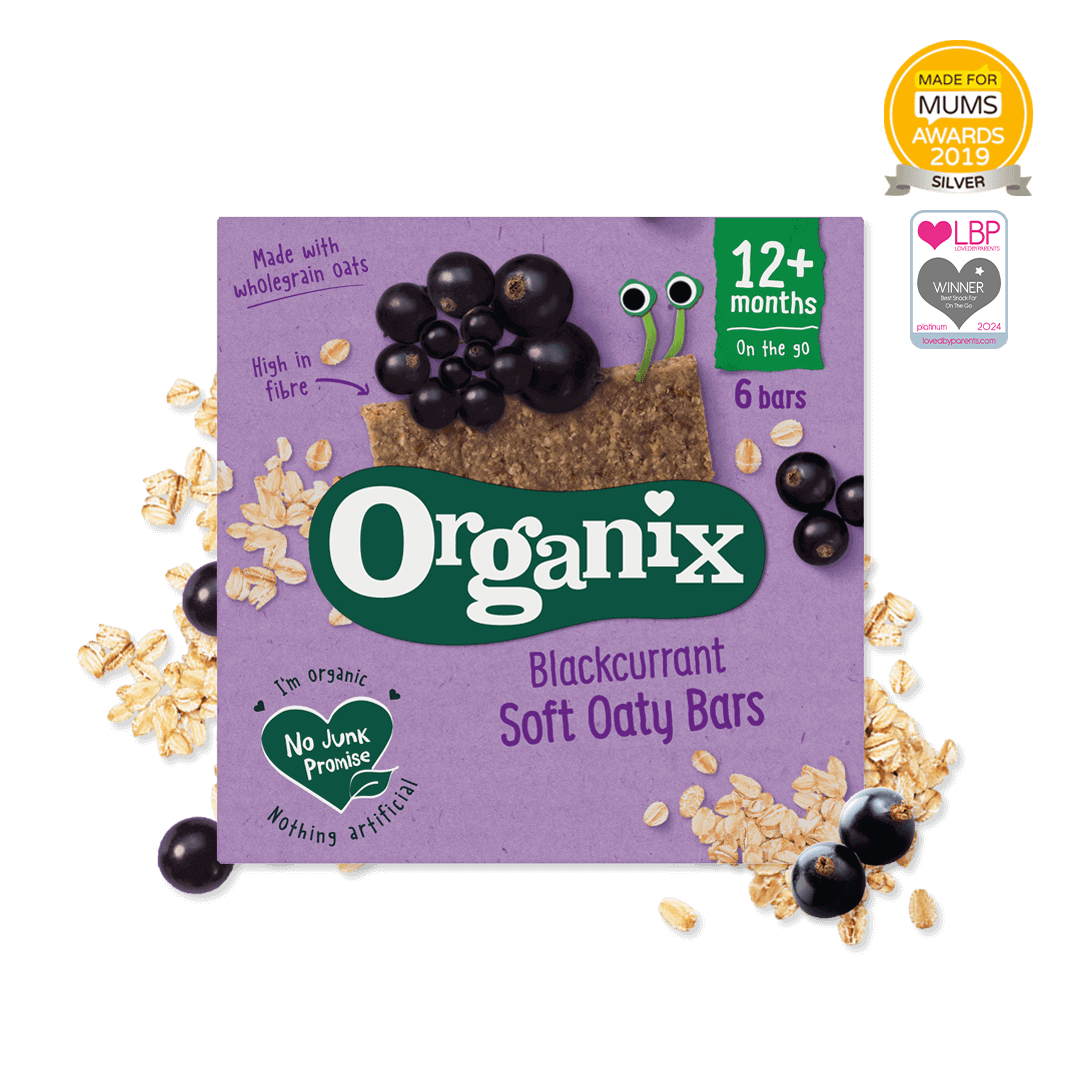 Pack shot of Organix Blackcurrant Soft Oaty Bars with fruit and some oats scattered around and the LBP Award logo