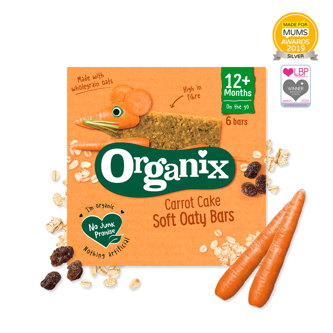 Pack shot of Organix Carrot Cake Soft Oaty Bars with carrots, raisins and some oats scattered around and award logos