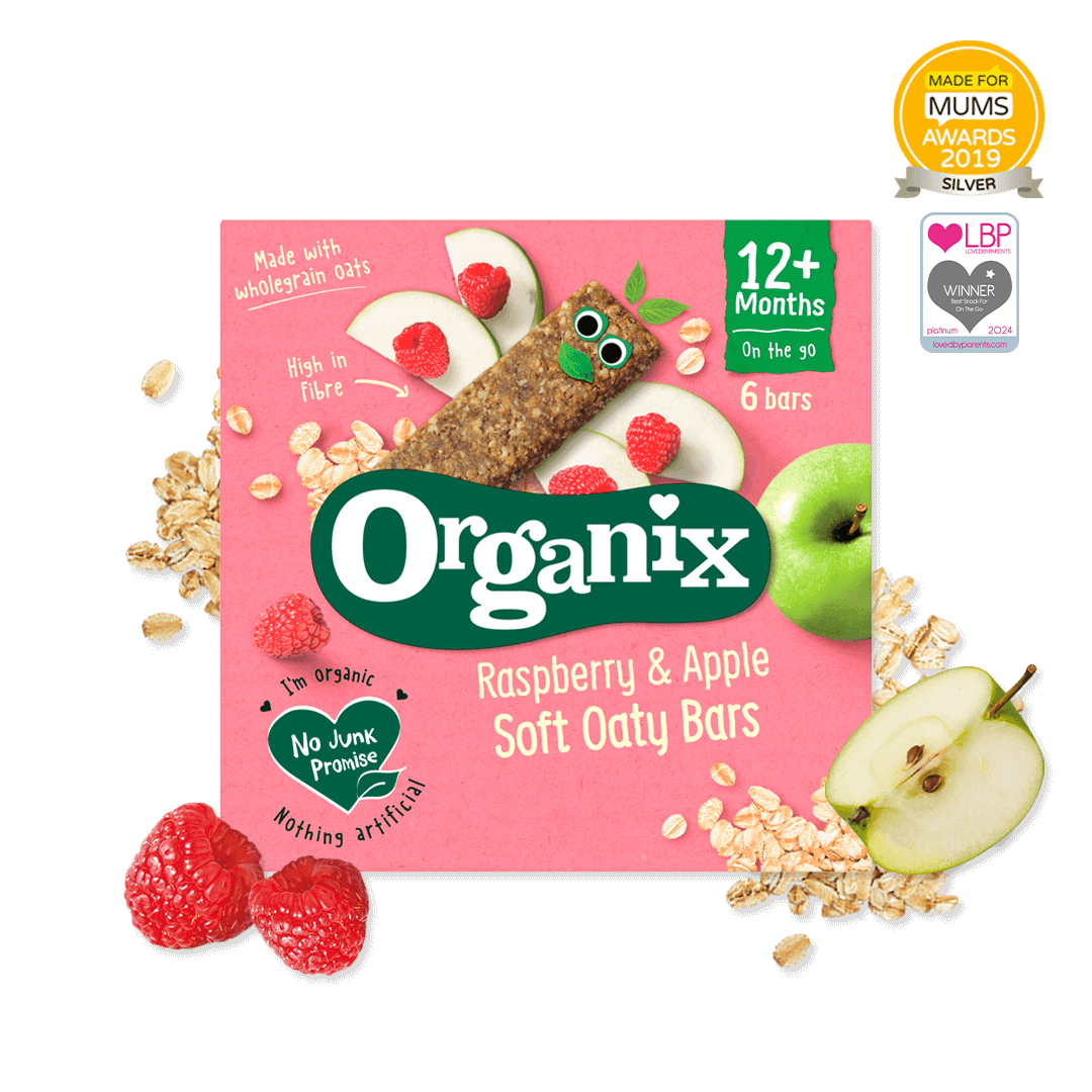 Pack shot of Organix Raspberry and apple Soft Oaty Bars with fruit and some oats scattered around and awards logos