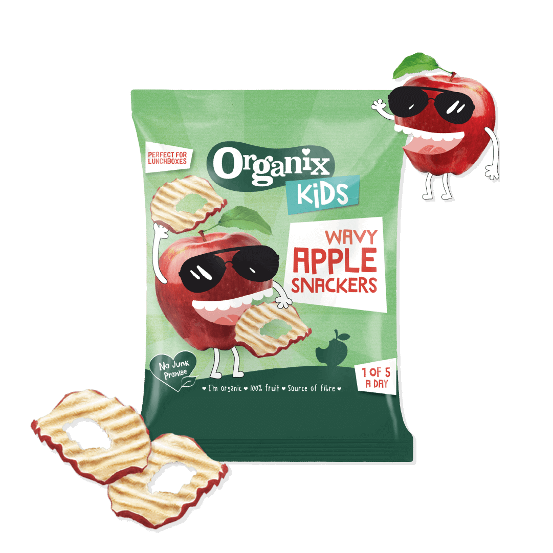 Bag of Organix Kids Wavy Apple Snackers with Snackers around and an apple wearing sunglasses and smiling