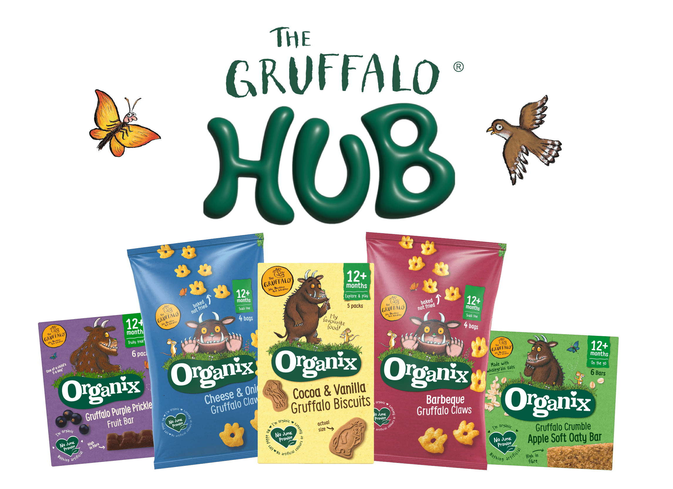 Organix Gruffalo snacks and characters from the Gruffalo story.