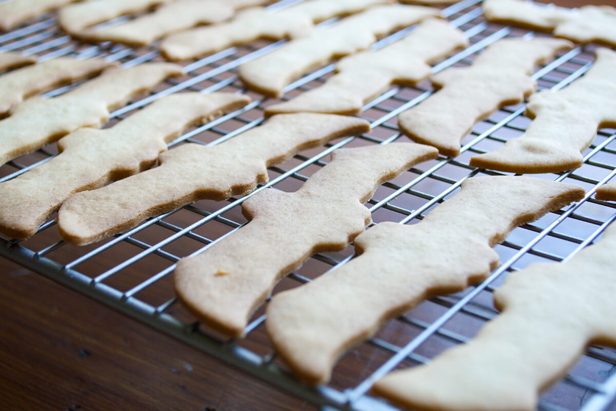 Bat shaped biscuits on a cooling rack