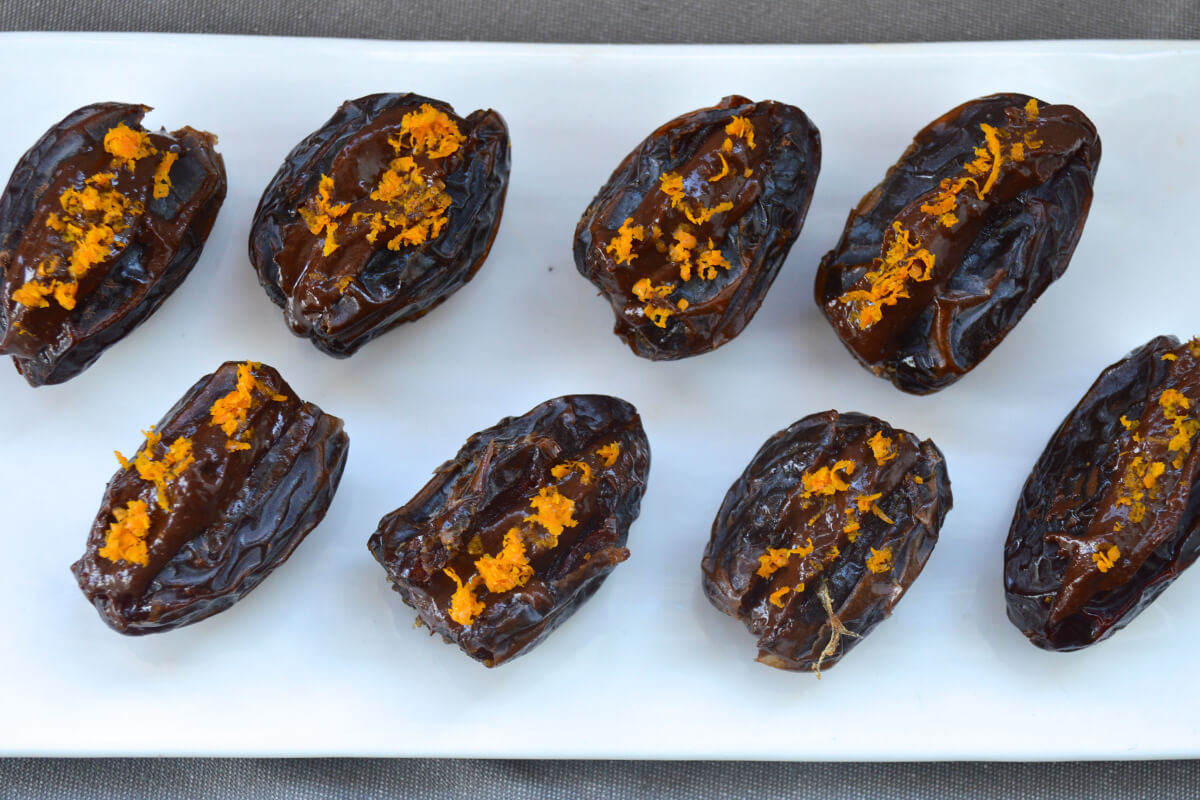 Choc Orange Dates: dates stuffed with chocolate orange mixture and topped with orange zest
