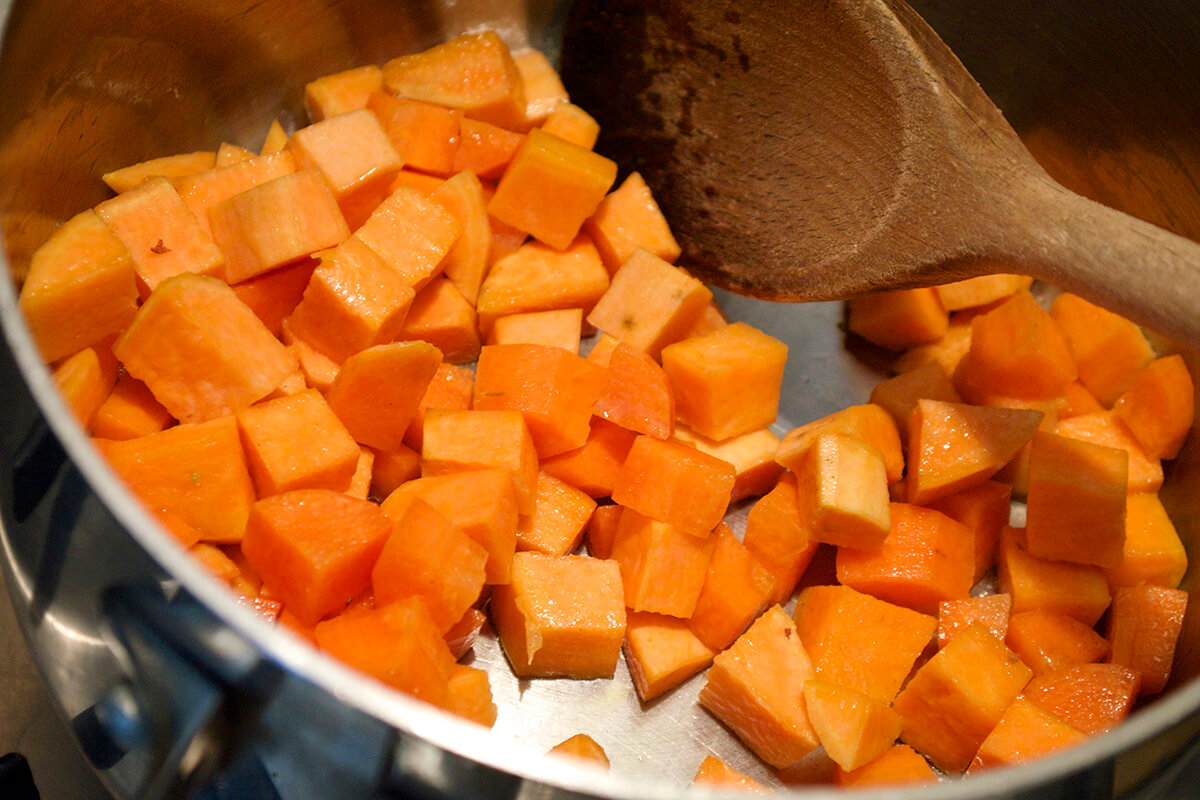 Sweet potato and carrot in a saucepan