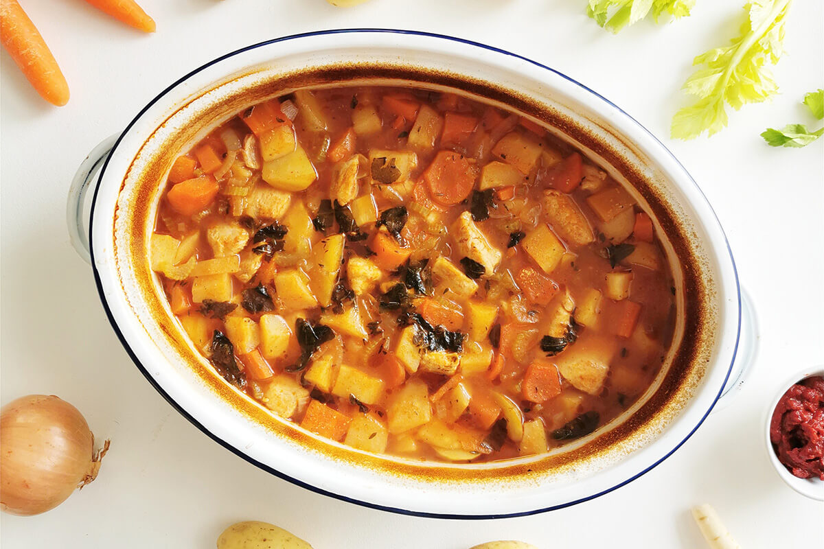 Cooked Baby Chicken Casserole in a casserole dish