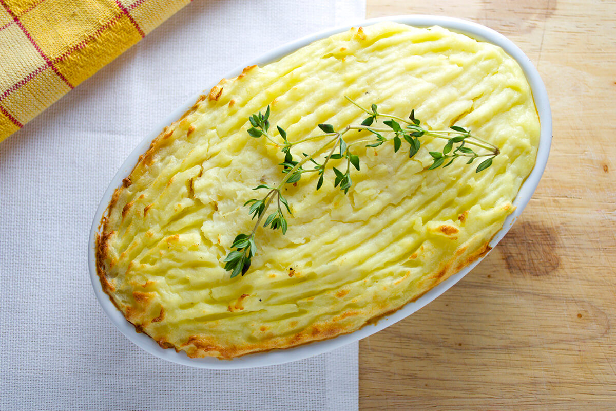 Baby Shepherds Pie / Cottage Pie in a casserole dish