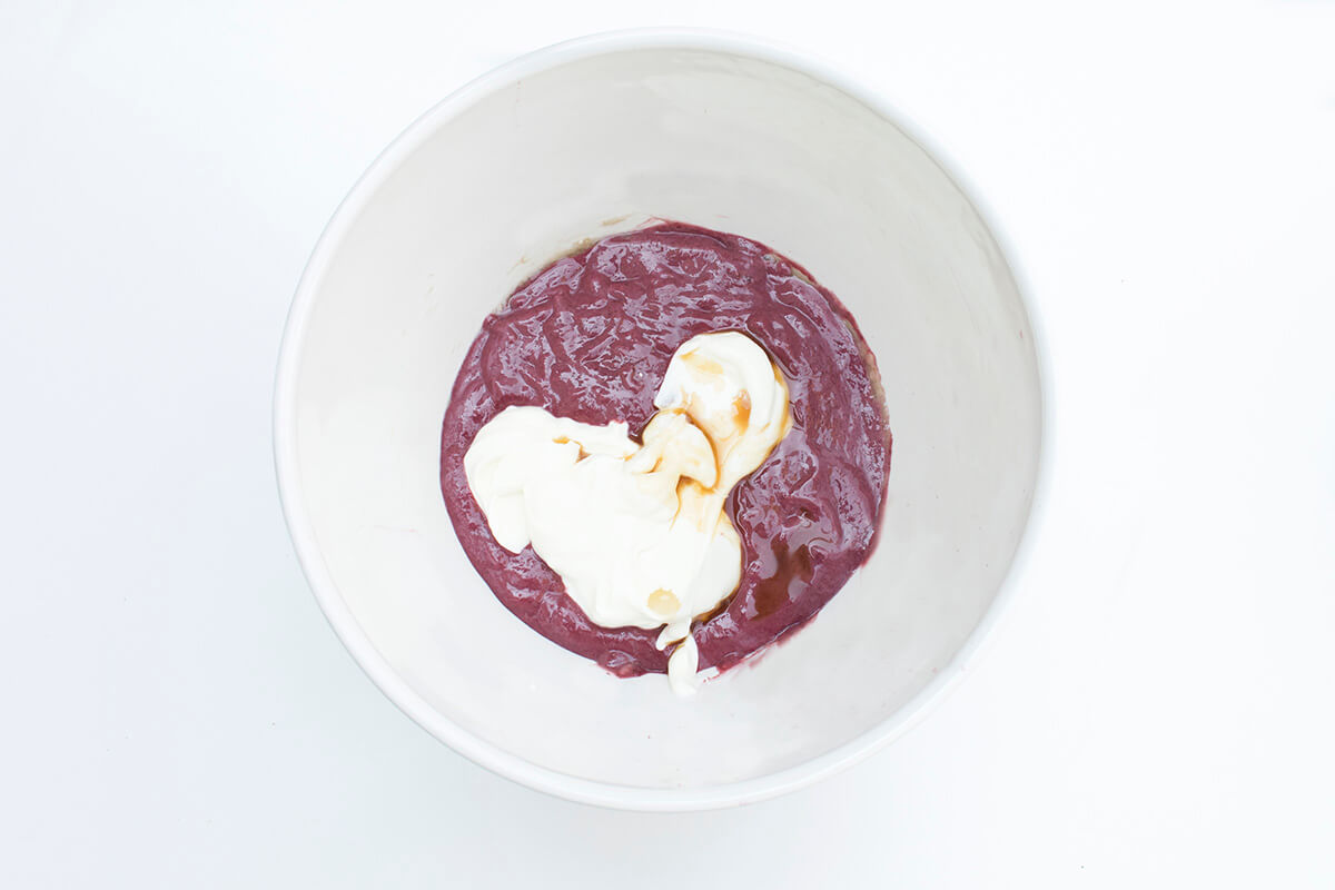 Banana and blackberry puree mixed with yoghurt