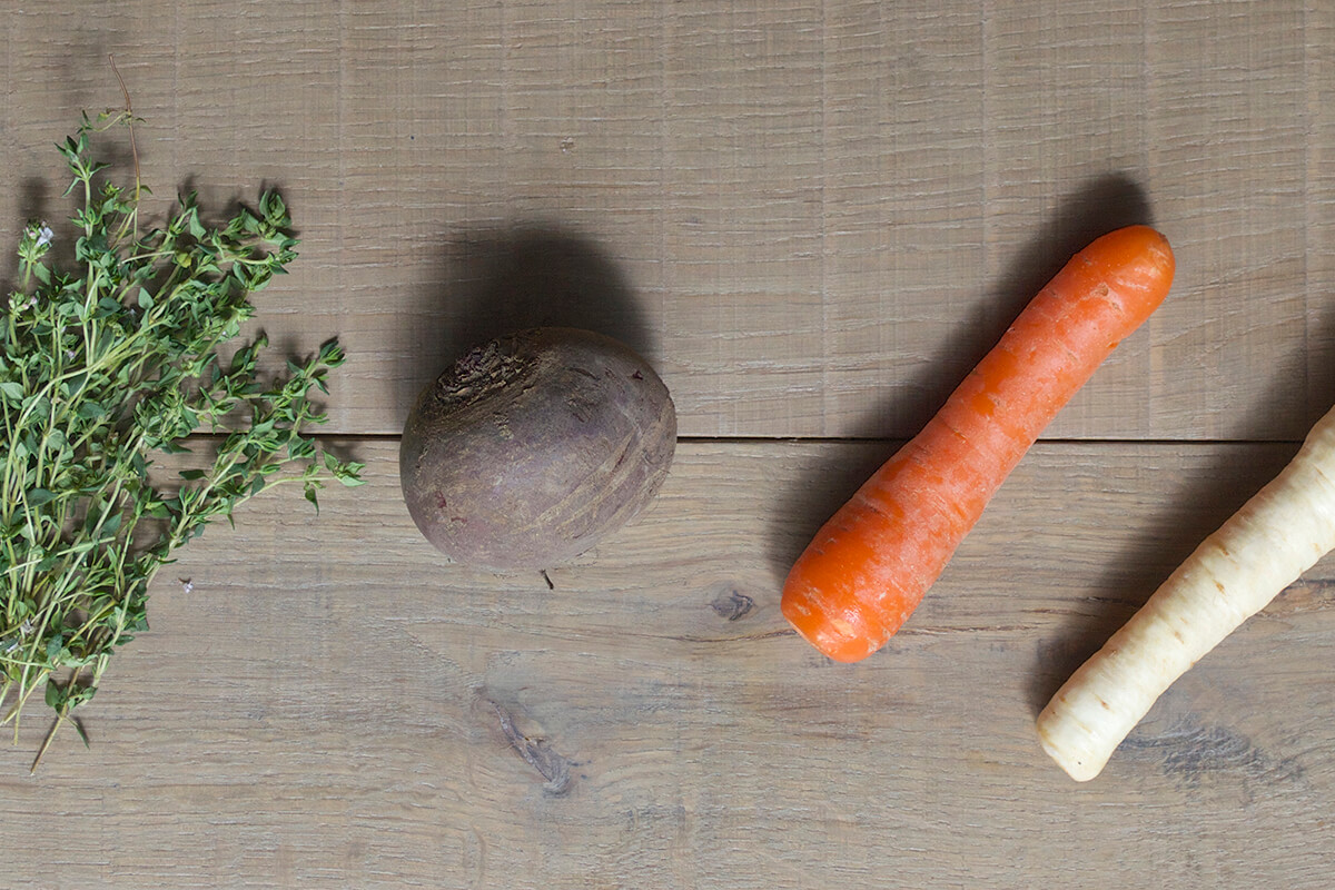 Thyme, beetroot, carrot and parsnip