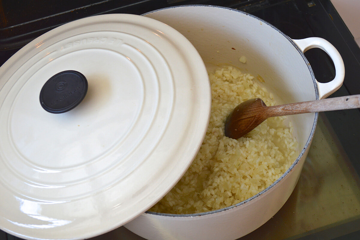 Risotto rice in a pan