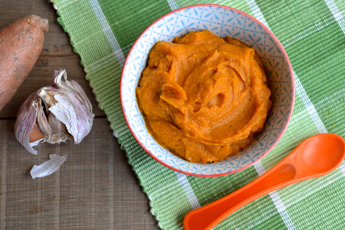 Butternut Squash, Sweet Potato & Carrot puree in a bowl