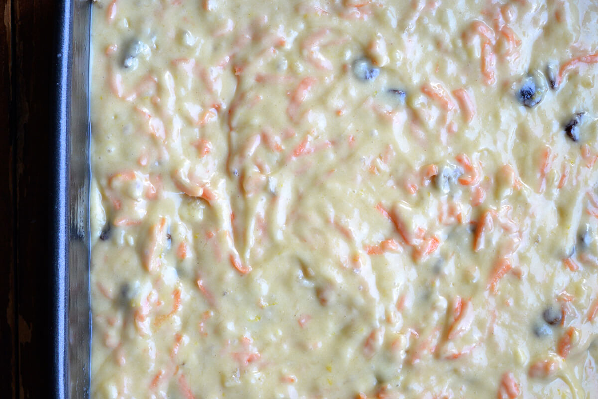 Fruity bread finger batter/mix in a baking tray