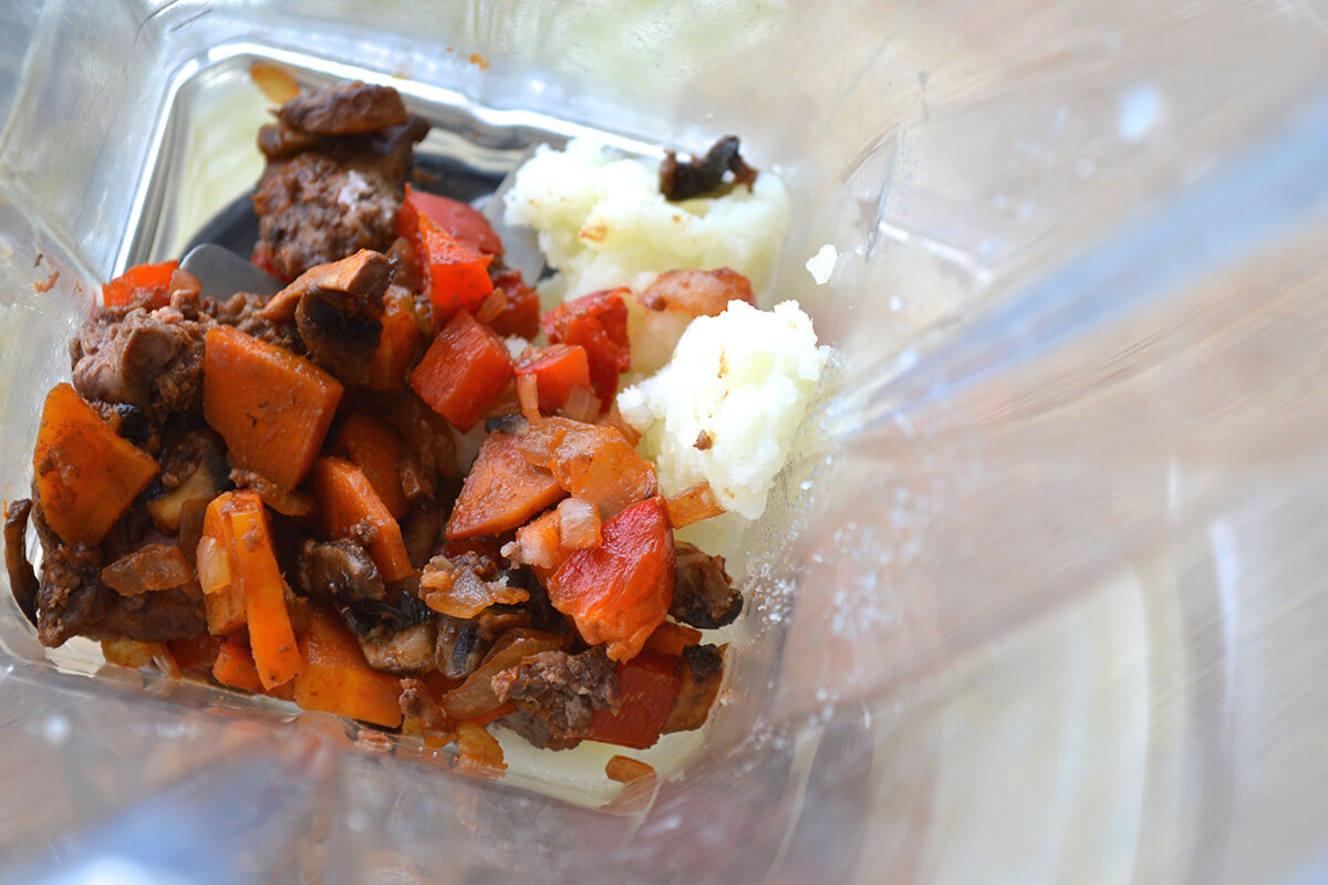 Mashed potato, liver and vegetables in a blender