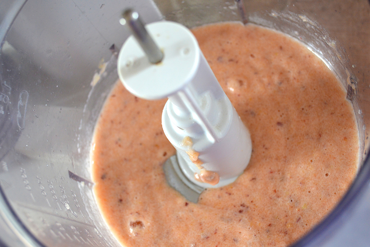 Pineapple and peach in a food processor blended with yoghurt