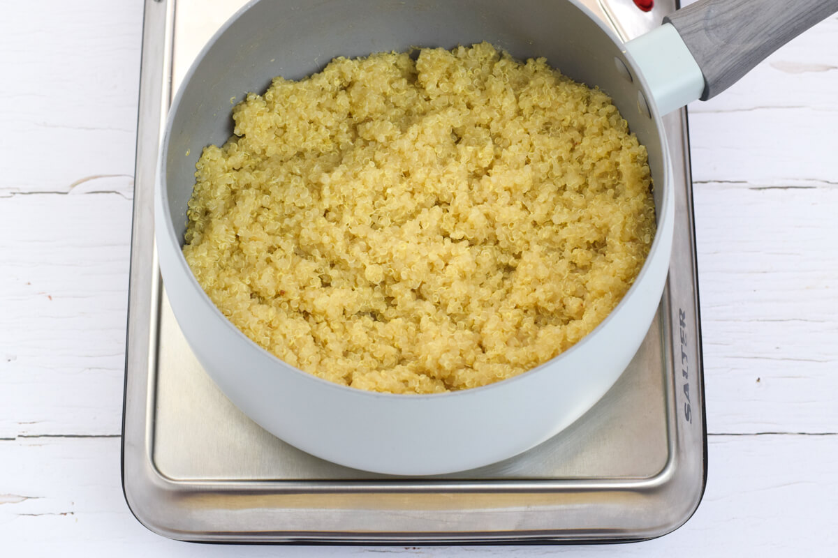A saucepan of cooked quinoa