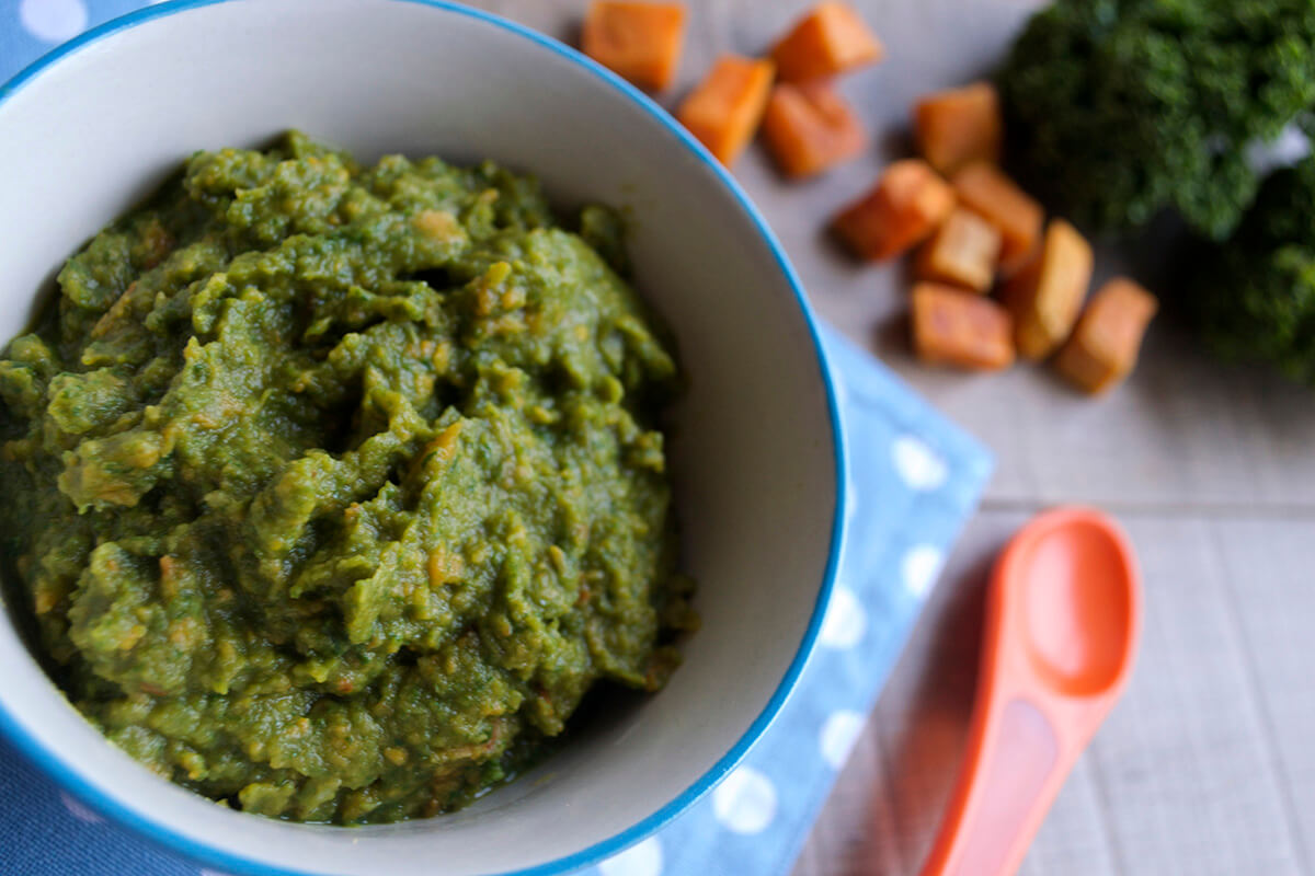 Roast Sweet Potato, Garlic & Kale Puree in a bowl with some roasted sweet potato and kale beside it