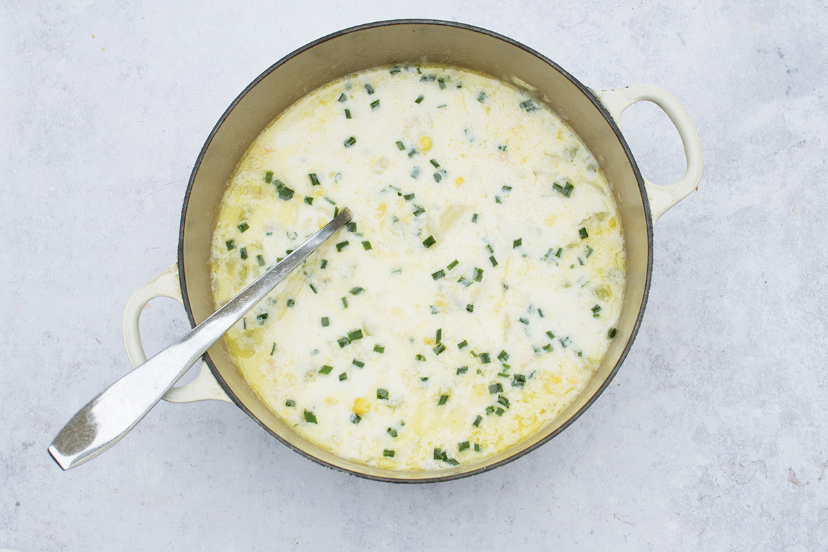 Sweetcorn chowder in a large saucepan