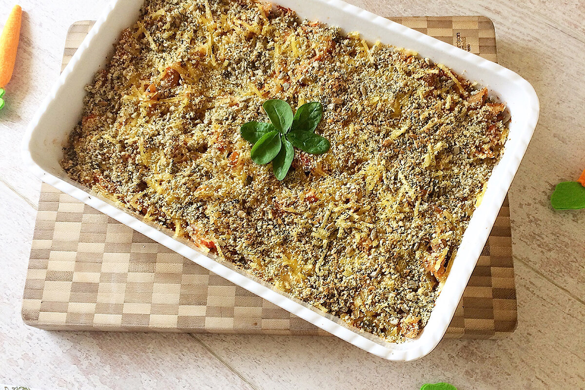 A casserole dish of vegetable pasta bake