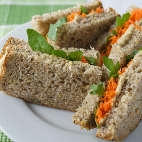 Grated Carrot, Hummous Sandwich