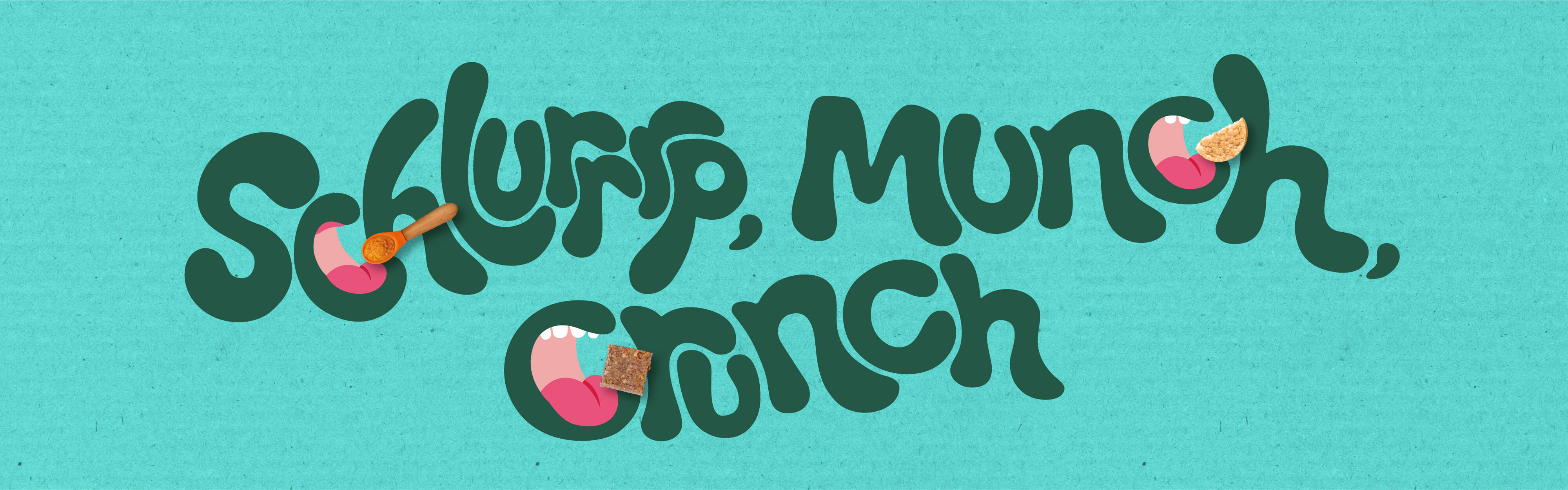 Organix green text that says "schlurrrp, munch, crunch" on a blue background