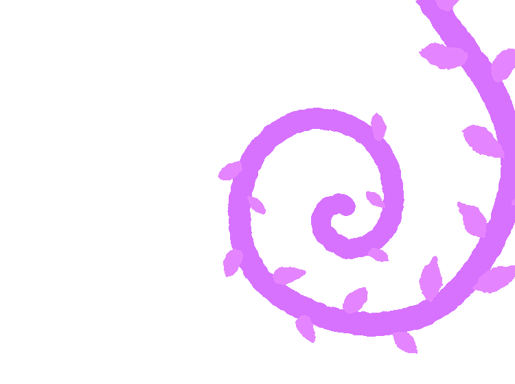 Cartoon illustrated purple curly vine with leaves and textured edges