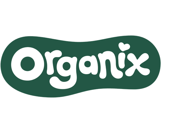 Organix Snacks Logo in Green blob with White writing