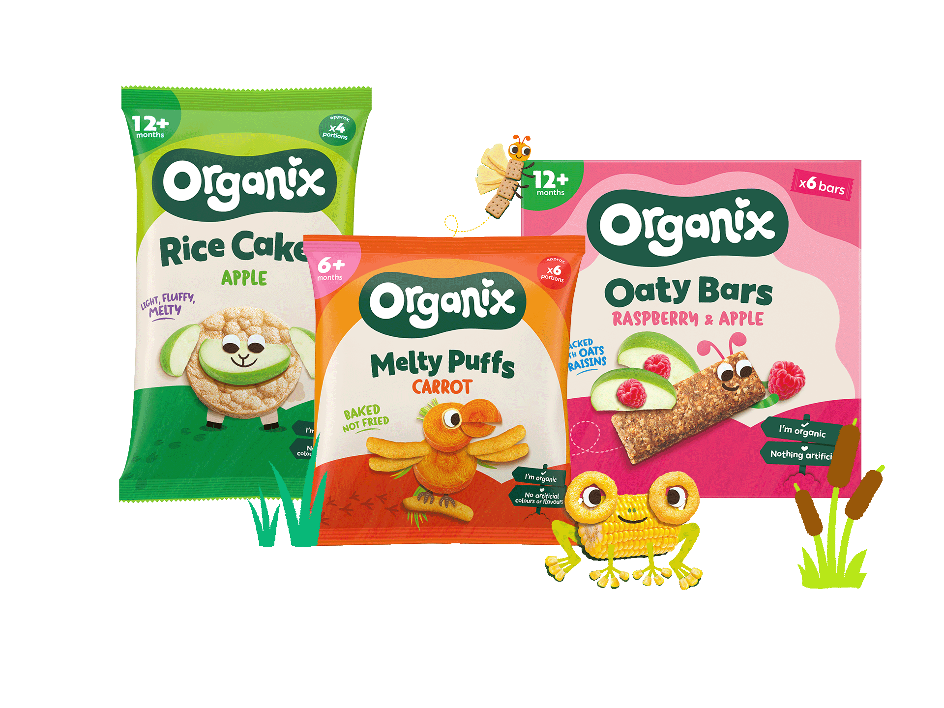 A collection of organix toddler snacks. From left to right there is apple rice cakes, carrot melty puffs, and raspberry and apple oaty bars