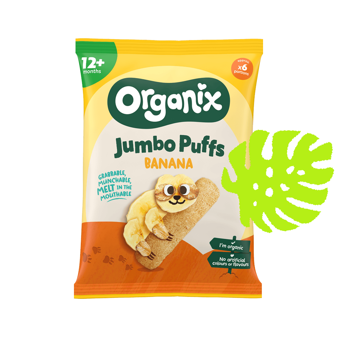 A rectangular yellow and orange pack of Organix banana jumbo puffs. There is a cartoon sloth on the front made up of banana slices and the jumbo puffs. 
