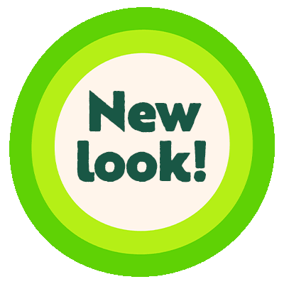 A 2 tone green circle with the words 'new look!' in the centre
