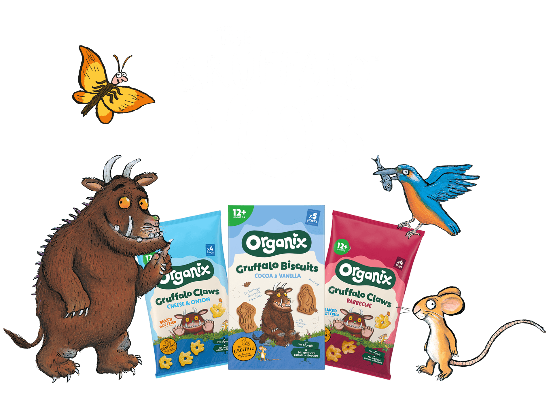 An image of the Gruffalo Characters and the 3 gruffalo themed Organix toddler snacks in the middle