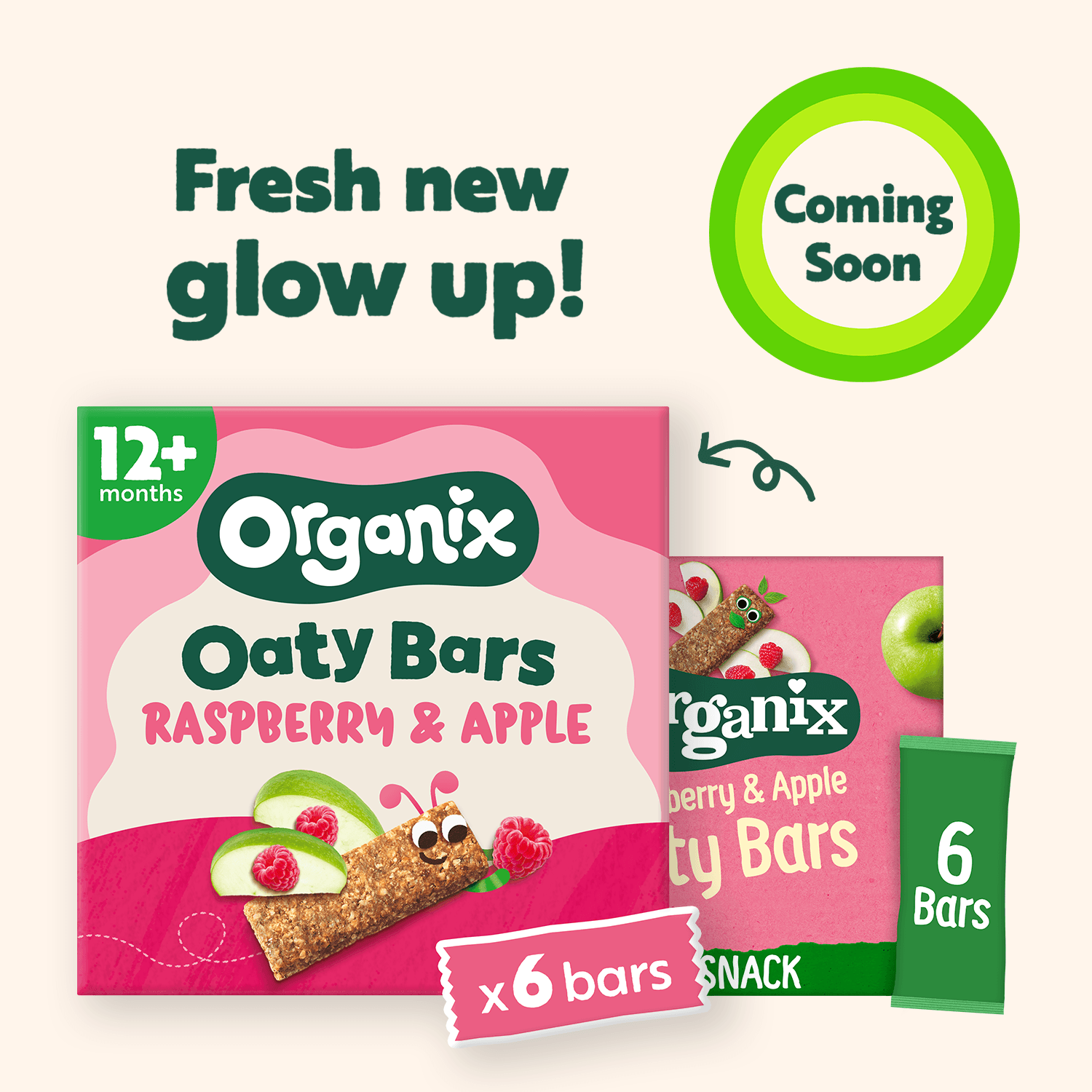 2 Organix oaty bars showing that Organix has had a fresh new glow up coming soon. It should organix raspberry and apple oaty bars packs - one in the new style on the left, and one in the old style on the right
