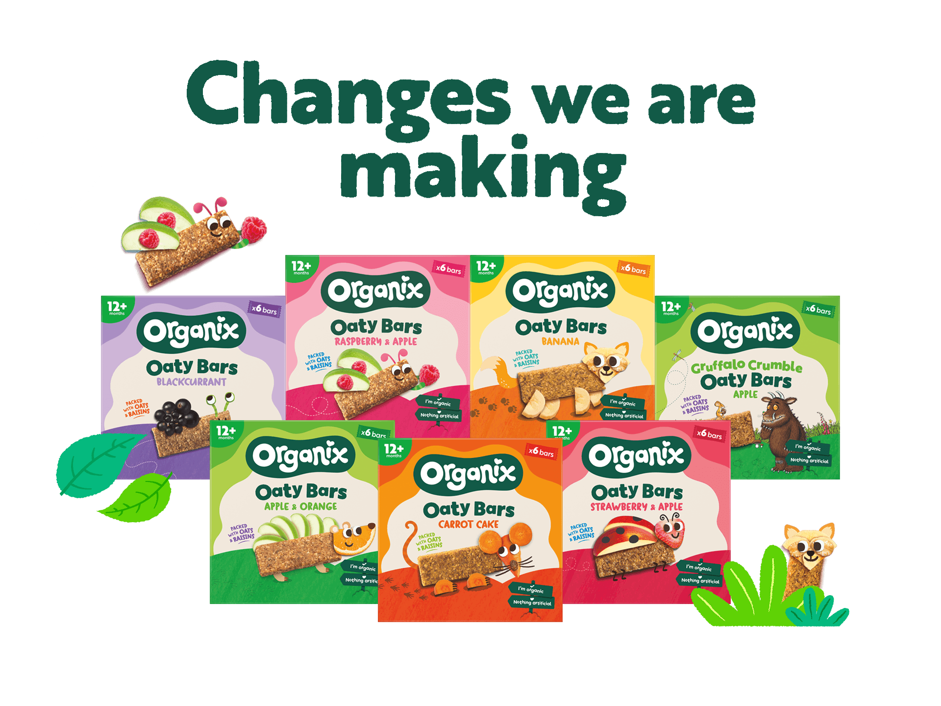 Changes we are Making banner, There are Organix Oaty Bars in multiple flavours with Organix characters